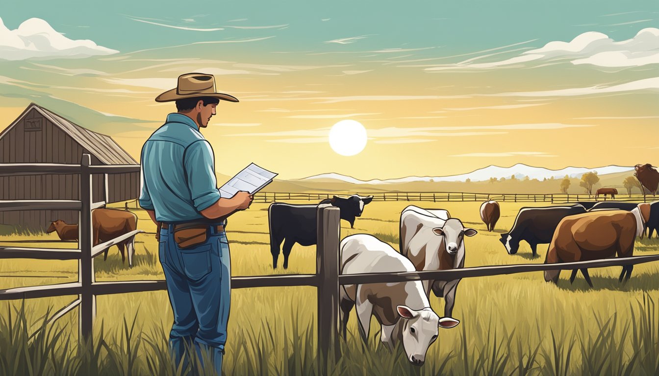 A rancher filling out forms with livestock and farmland in the background