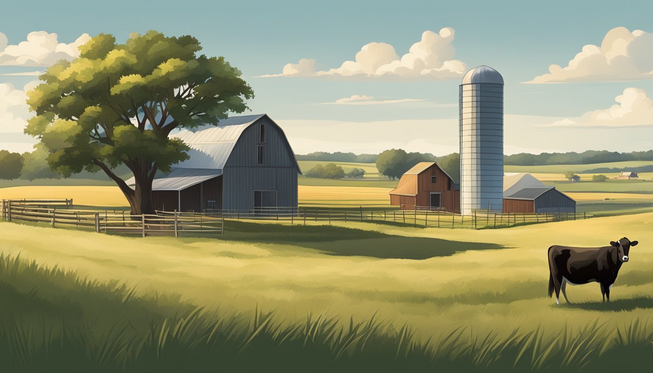 A rural landscape with a farmhouse, barn, and grazing livestock surrounded by fields and pastures in Tarrant County, Texas