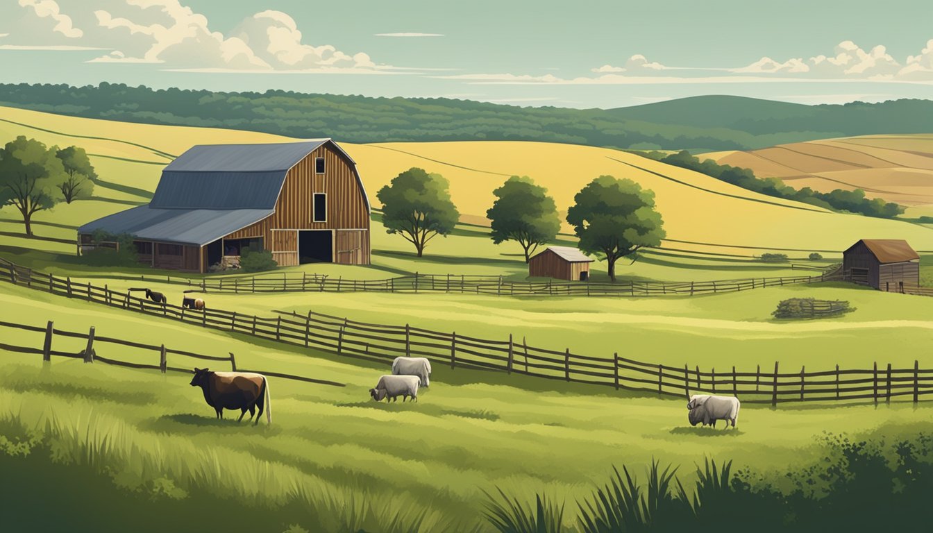 A sprawling landscape of rural farmland in Tarrant County, Texas, with rolling hills, grazing livestock, and a rustic barn