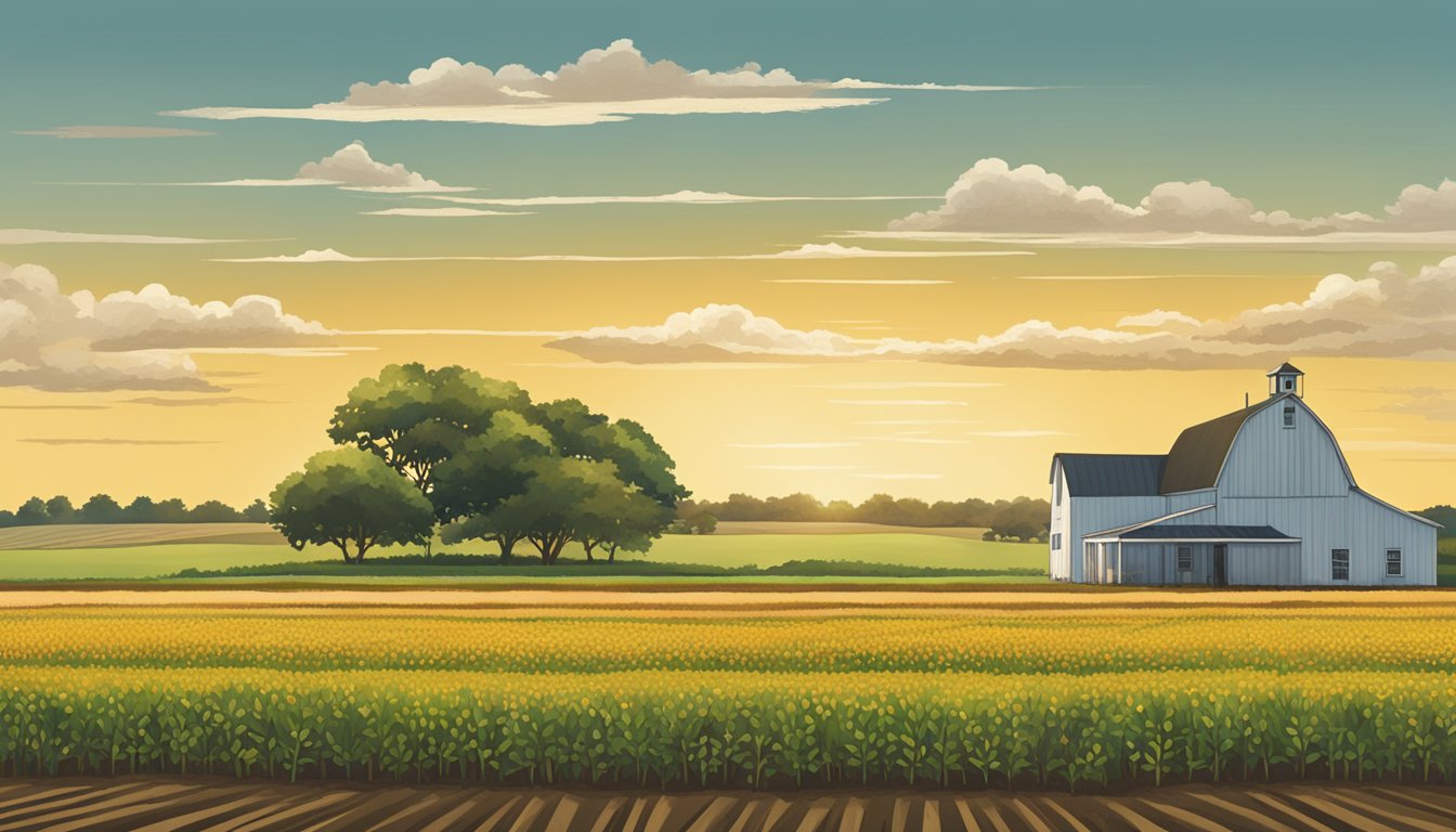 A rural landscape with a large, open field filled with rows of crops and a farmhouse in the background. A sign indicating "Titus County Texas Ag Exemption" is posted at the entrance