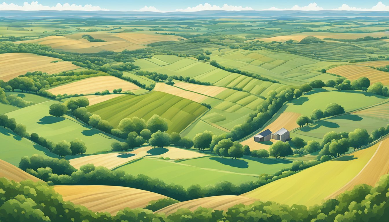 A sprawling rural landscape in Stephens County, Texas, with fields of crops and grazing livestock, surrounded by rolling hills and a clear blue sky