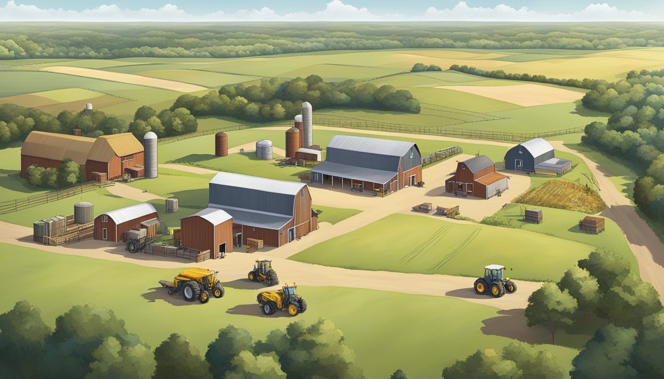 A rural landscape in Titus County, Texas featuring a large agricultural property with livestock, crops, and farm equipment