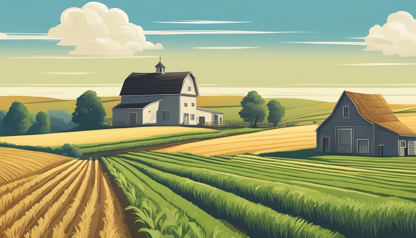 A rural landscape with a farmhouse, barn, and fields of crops under a clear blue sky