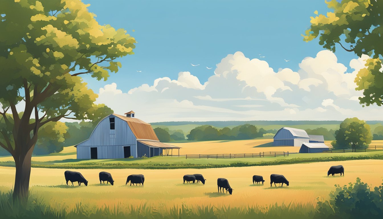 A rural Texas landscape with a farmhouse, barn, and grazing livestock, surrounded by fields of crops and a clear blue sky