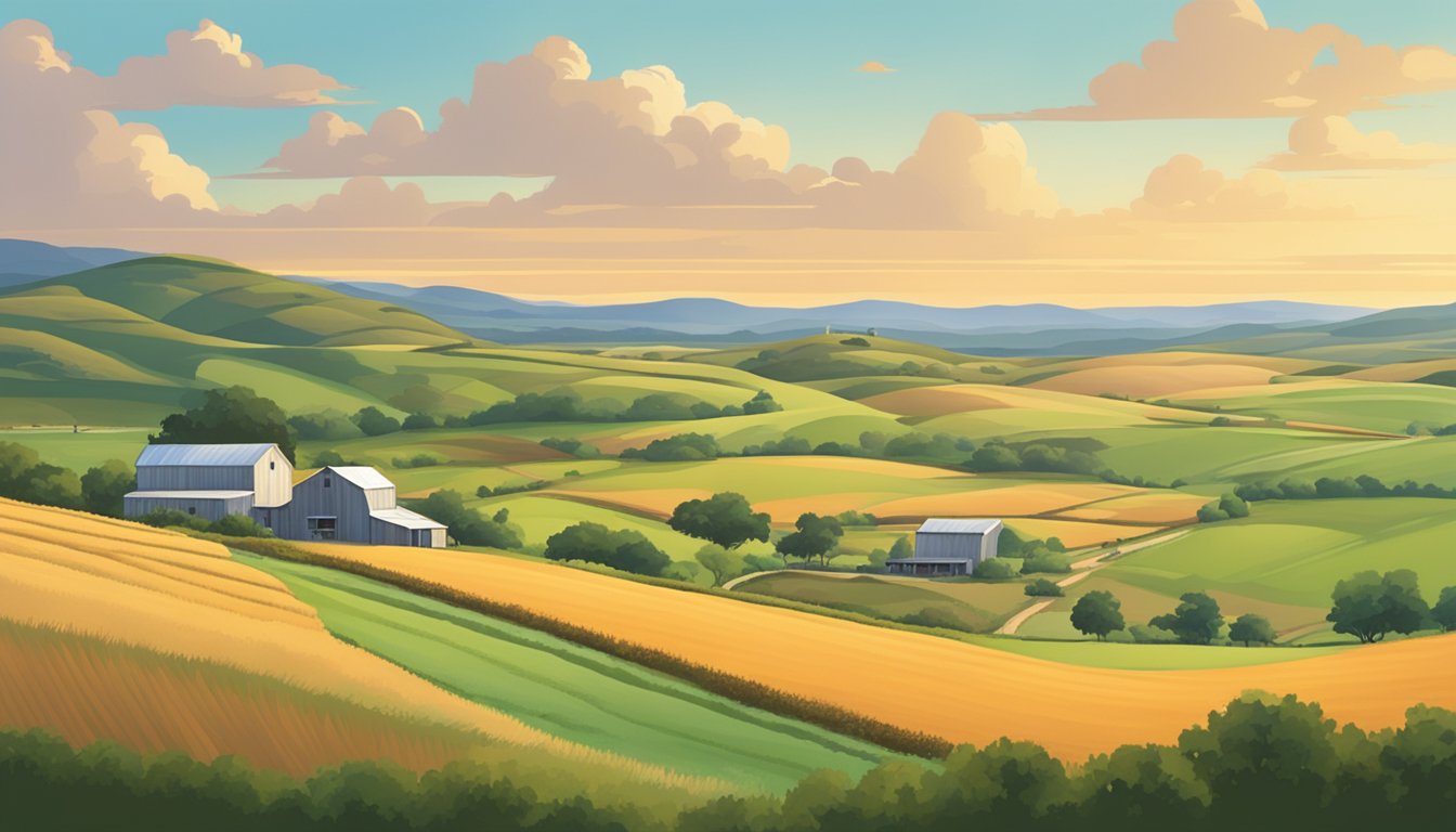 Rolling hills of farmland in Stonewall County, Texas. A farmhouse sits among fields of crops, with livestock grazing in the distance