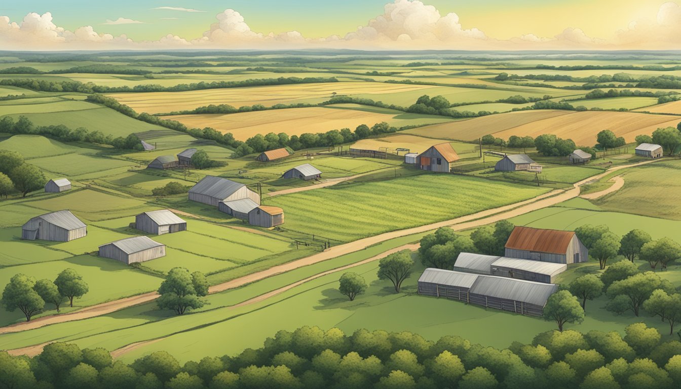 A sprawling rural landscape in Titus County, Texas, featuring well-maintained agricultural land and signs of renewal and growth