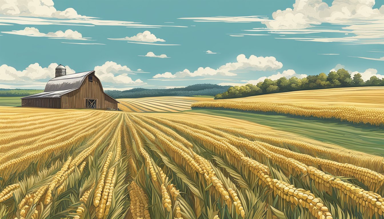 Rolling fields of wheat and corn, a rustic barn in the distance, and a clear blue sky overhead