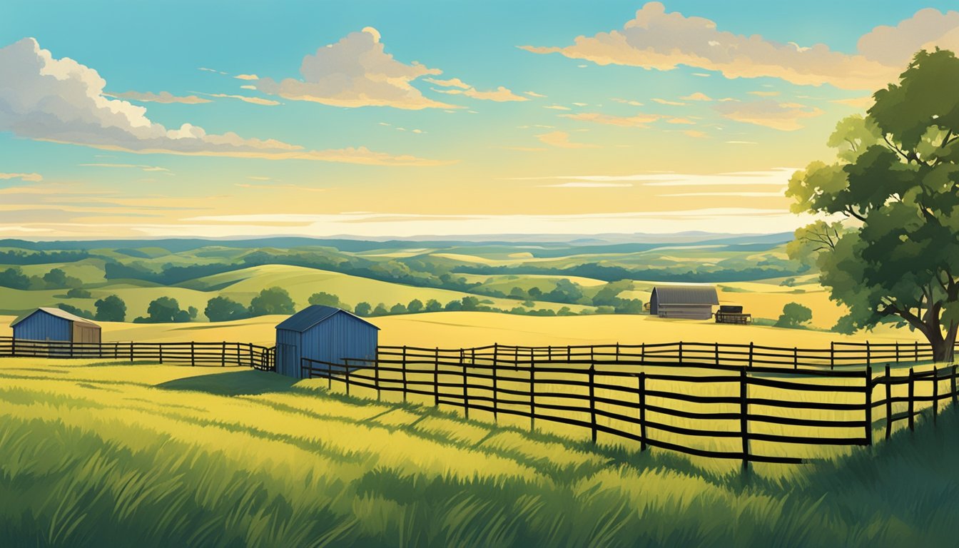 Rolling hills of farmland in Titus County, Texas, with scattered livestock and agricultural equipment. Fenced pastures and open fields under a bright blue sky