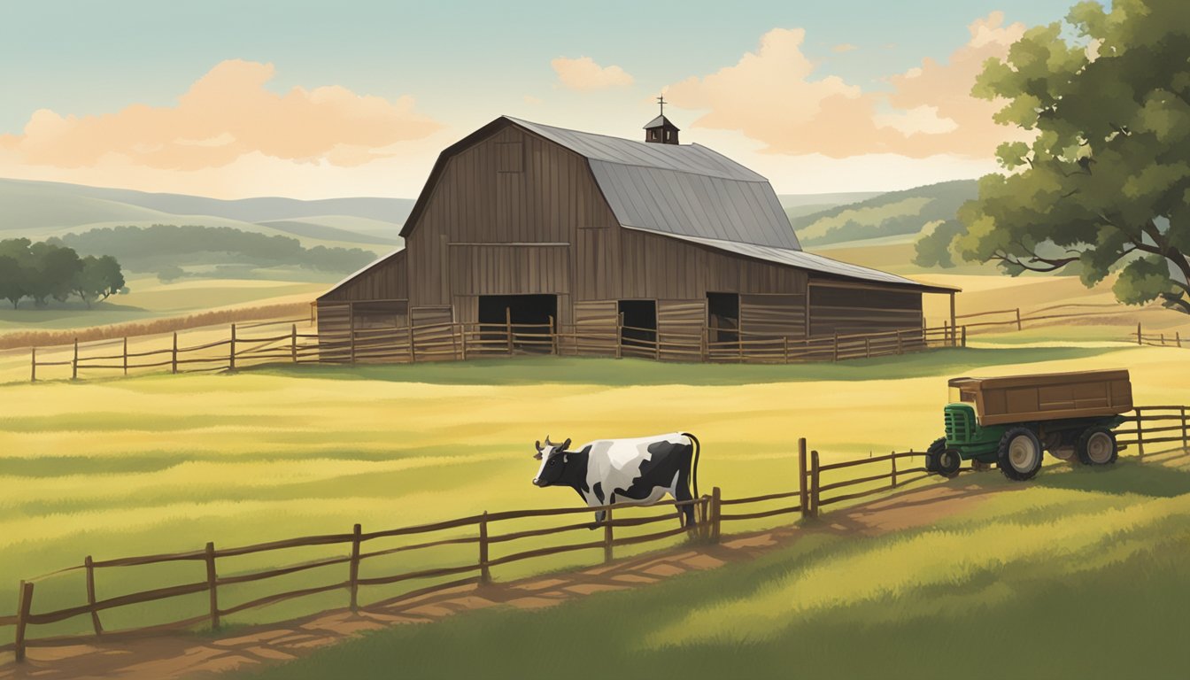 Rolling hills with grazing cattle, a rustic barn, and a farmer on a tractor in Stonewall County, Texas