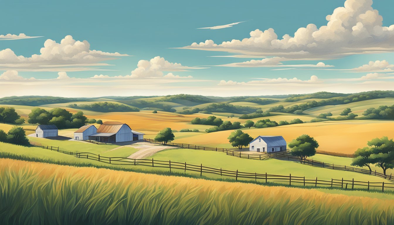 A rural landscape in Stephens County, Texas with a farmhouse, fields, and livestock, surrounded by rolling hills and clear blue skies