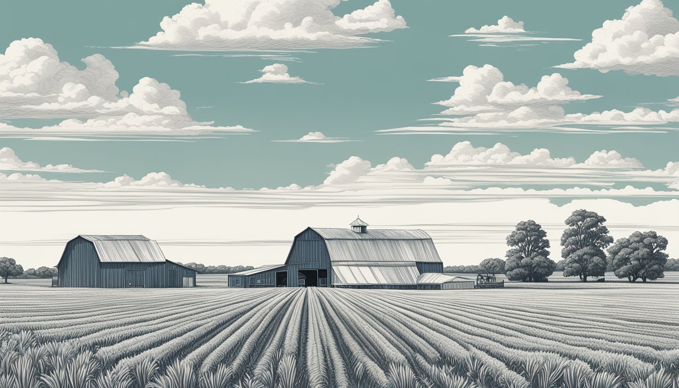 Rolling fields of crops and grazing land spread across the rural landscape of Titus County, Texas. Barns and farm equipment dot the horizon under a vast blue sky