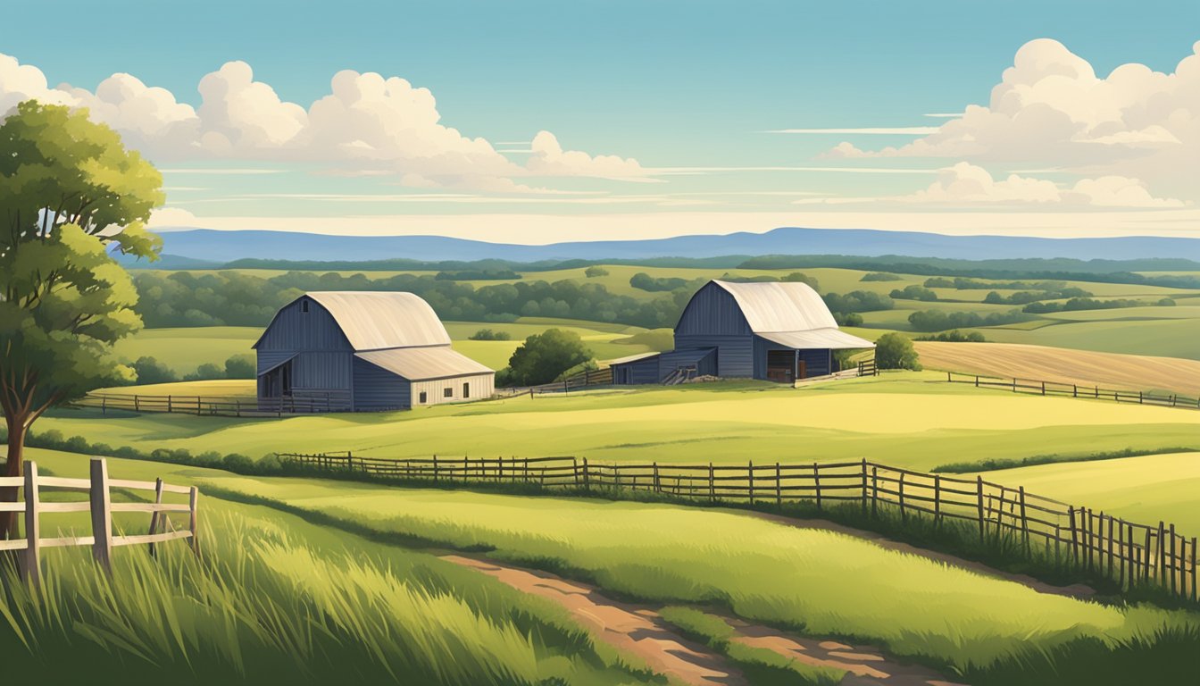 A rural Texas landscape with a farmhouse, barn, and fields, surrounded by rolling hills and a clear blue sky