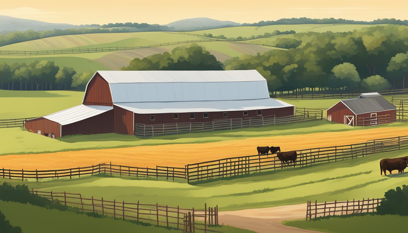 A rural Texas farm with a large barn, fields of crops, and grazing livestock. A sign displaying "Stonewall County Ag Exemption" is visible