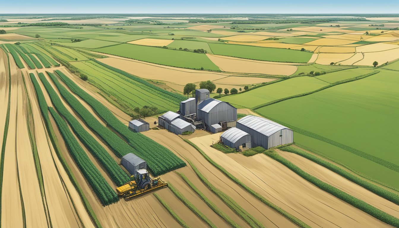 A sprawling agricultural landscape in Stephens County, Texas, with fields of crops, grazing livestock, and farm equipment