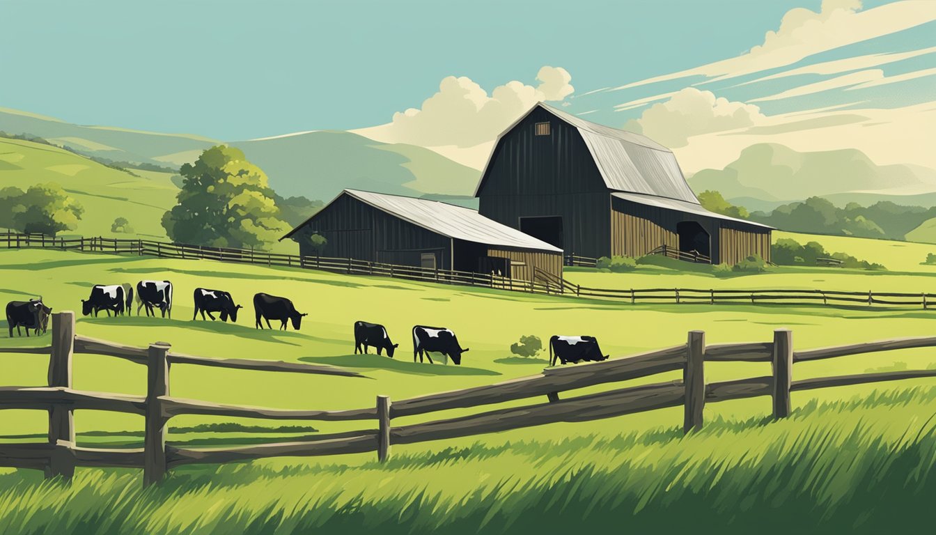 Rolling hills of green pasture dotted with grazing cattle, bordered by sturdy fences and a rustic barn under a clear blue sky