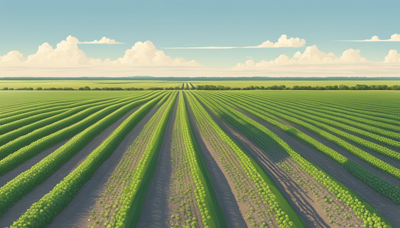 A wide, flat expanse of farmland in Terrell County, Texas, with rows of crops stretching to the horizon under a clear blue sky