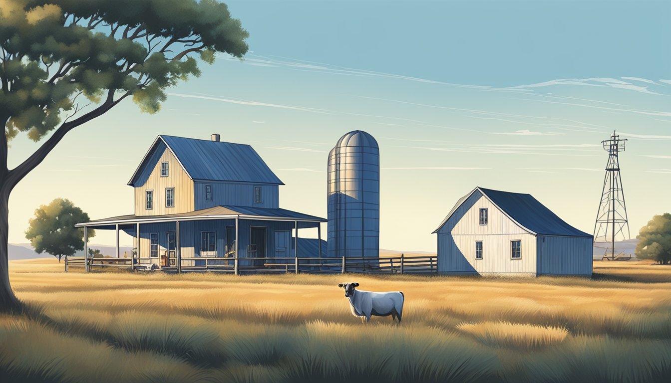 A rural landscape in Terrell County, Texas with a farmhouse, fields, livestock, and a clear blue sky