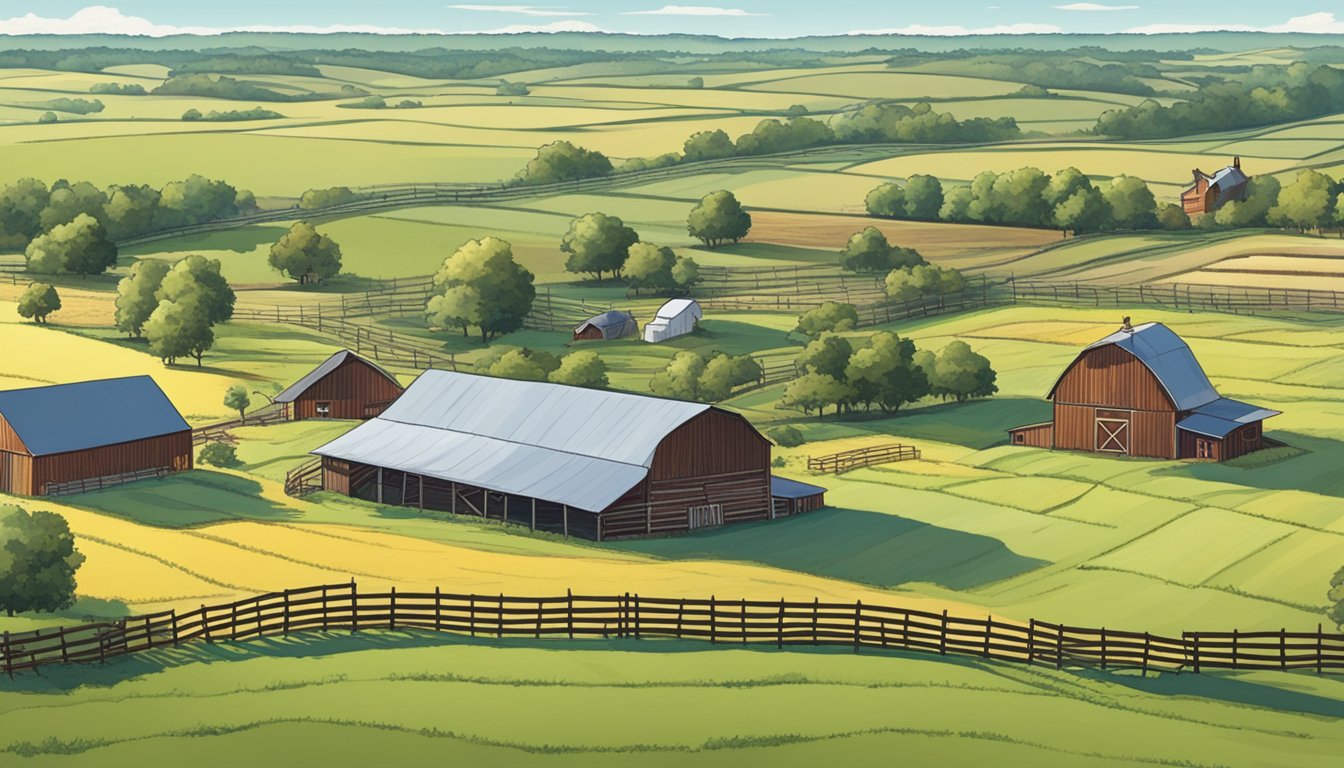 A sprawling farm in Smith County, Texas, with fields of crops and grazing livestock, surrounded by a rustic fence and a barn in the distance