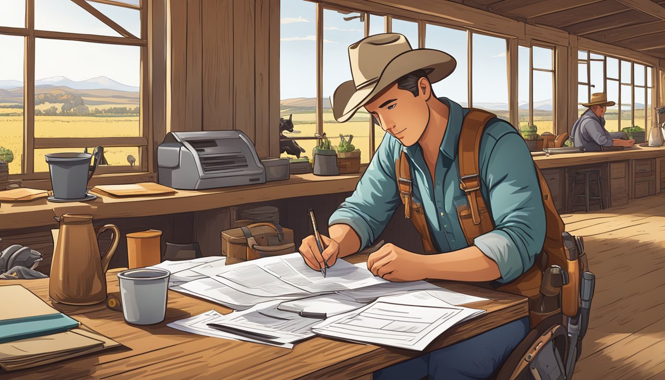 A rancher filling out paperwork at a desk, surrounded by agricultural equipment and livestock in the background