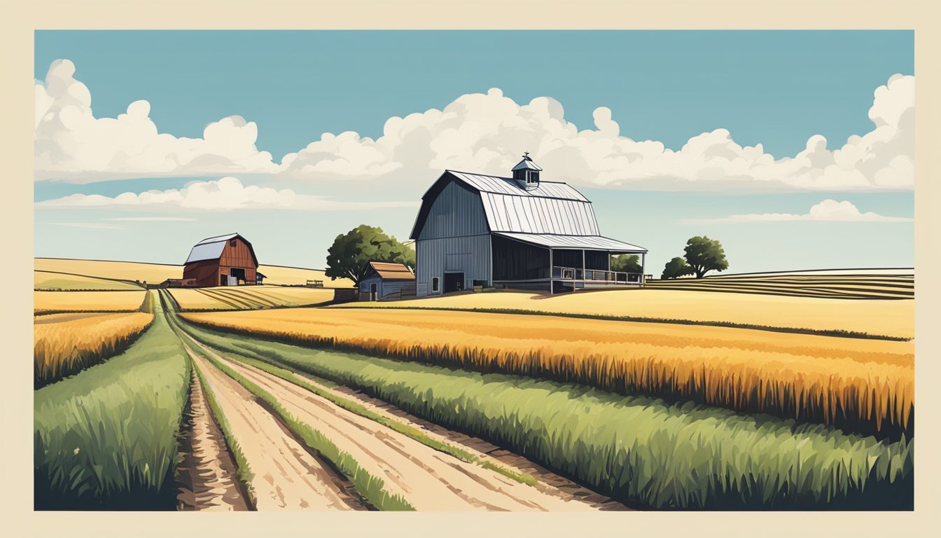 A rural Texas landscape with a farmhouse, barn, and fields of crops under a clear blue sky