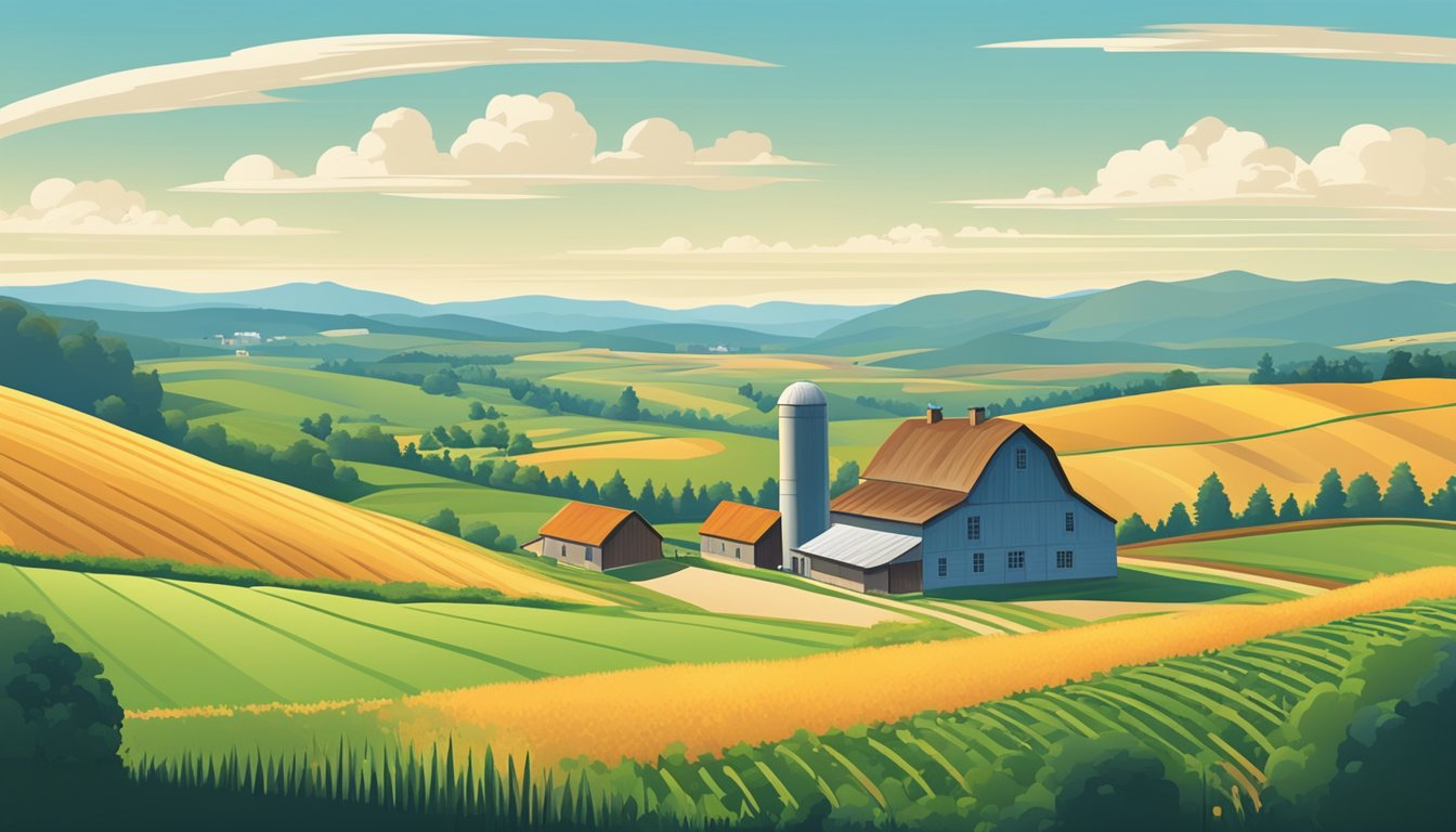 A rural landscape with a farmhouse, barn, and fields of crops, surrounded by rolling hills and a clear blue sky