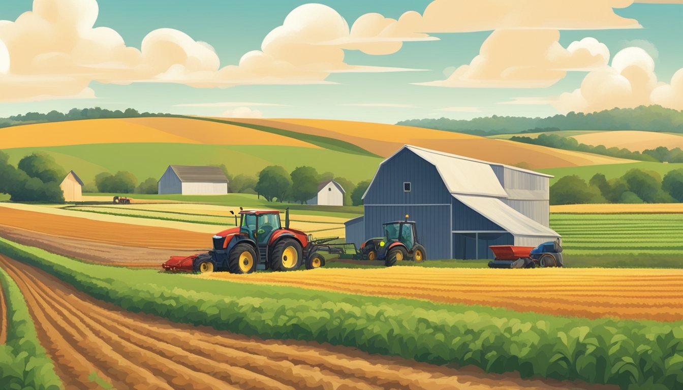 A rural landscape with rolling fields, a farmhouse, and a barn in Smith County, Texas. A tractor is plowing the fields, while a farmer inspects the crops