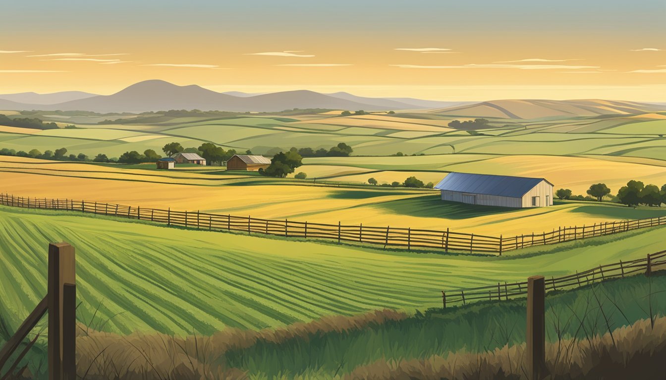 A vast expanse of agricultural land in Starr County, Texas, with rolling hills and fields of crops, surrounded by a fence and a small farmhouse in the distance