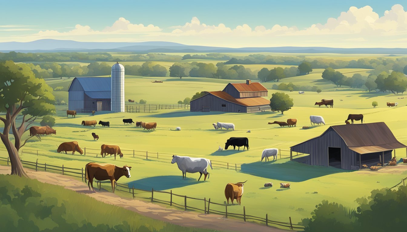 A sprawling Texas landscape with a farmhouse, barn, and livestock grazing in the fields under a clear blue sky