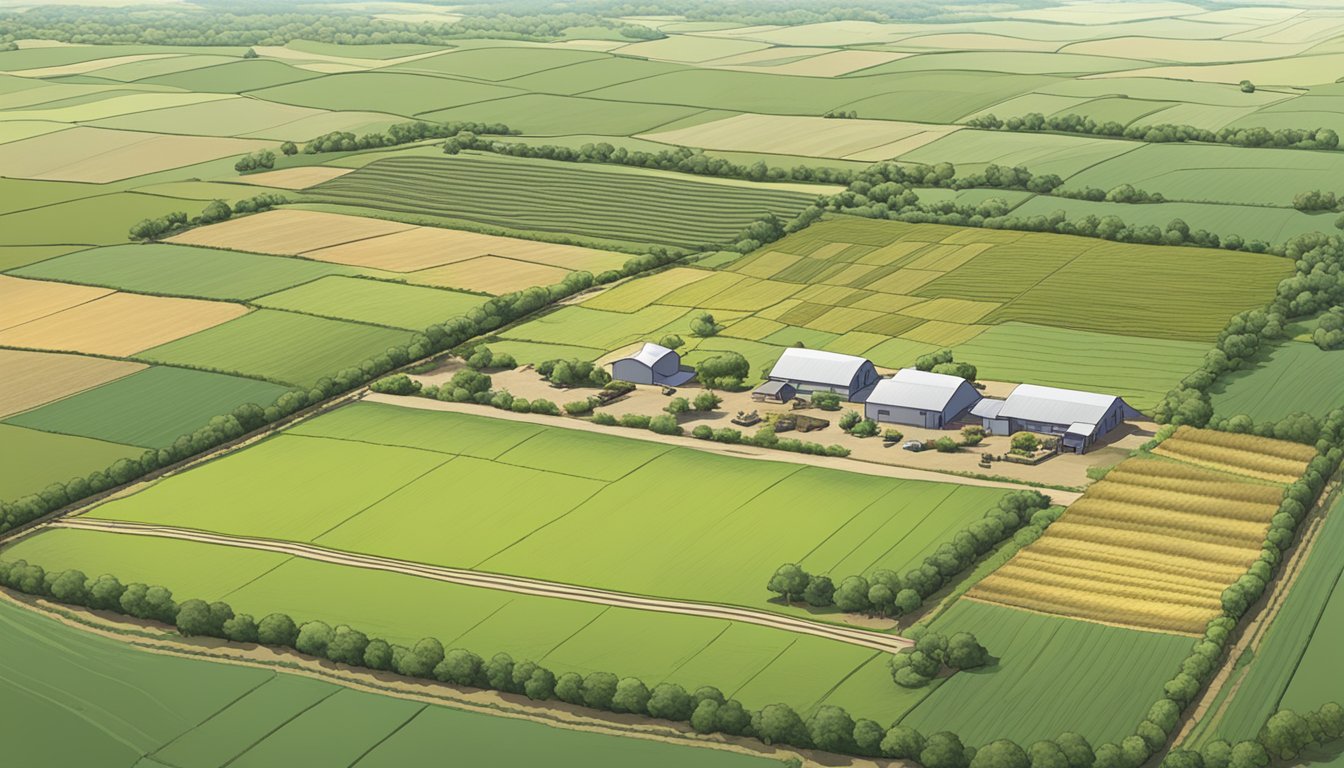 A vast expanse of agricultural land in Smith County, Texas, with fields transitioning from one crop to another, surrounded by fences and farm buildings