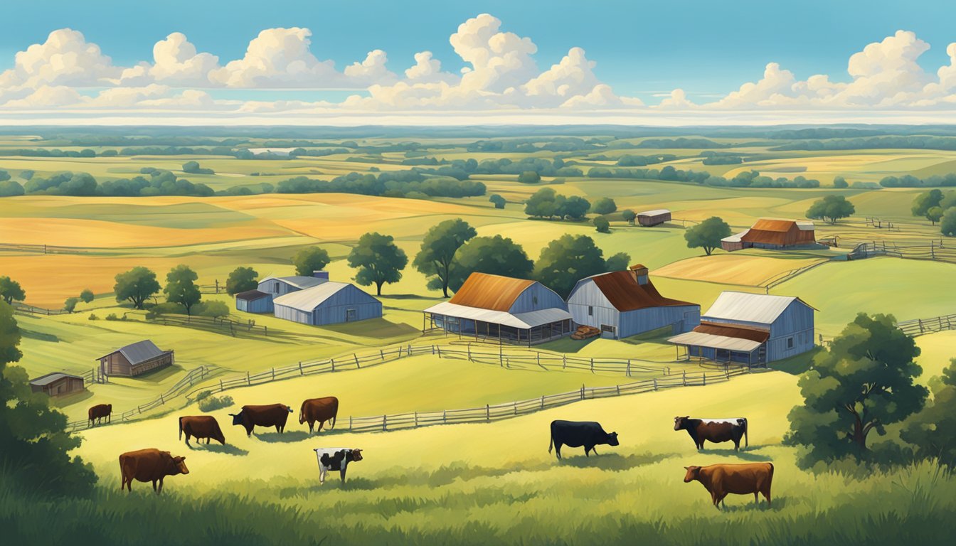 A sprawling Texas landscape with farmland, cattle, and a farmhouse, all under a bright blue sky