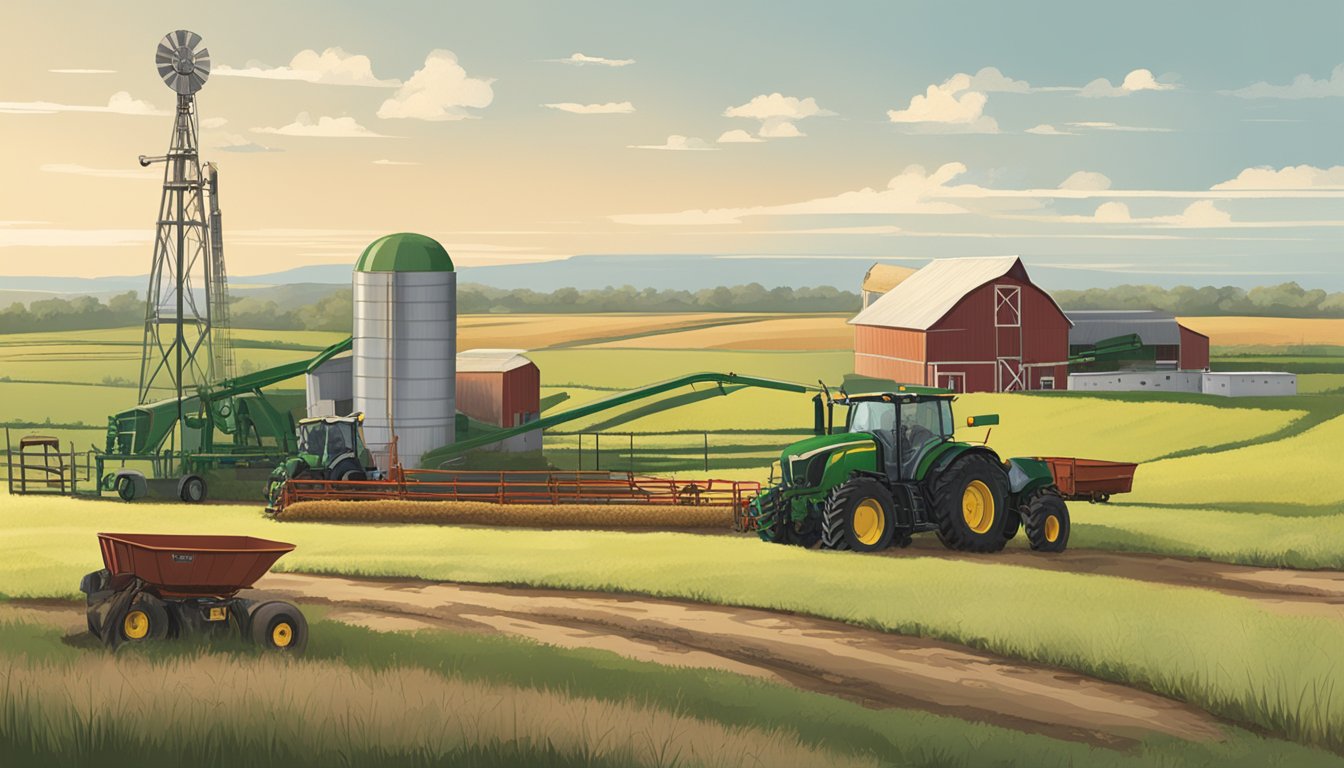 A rural landscape with a large farm in Swisher County, Texas, featuring agricultural equipment, crops, and livestock, with a focus on tax-related signage or documents