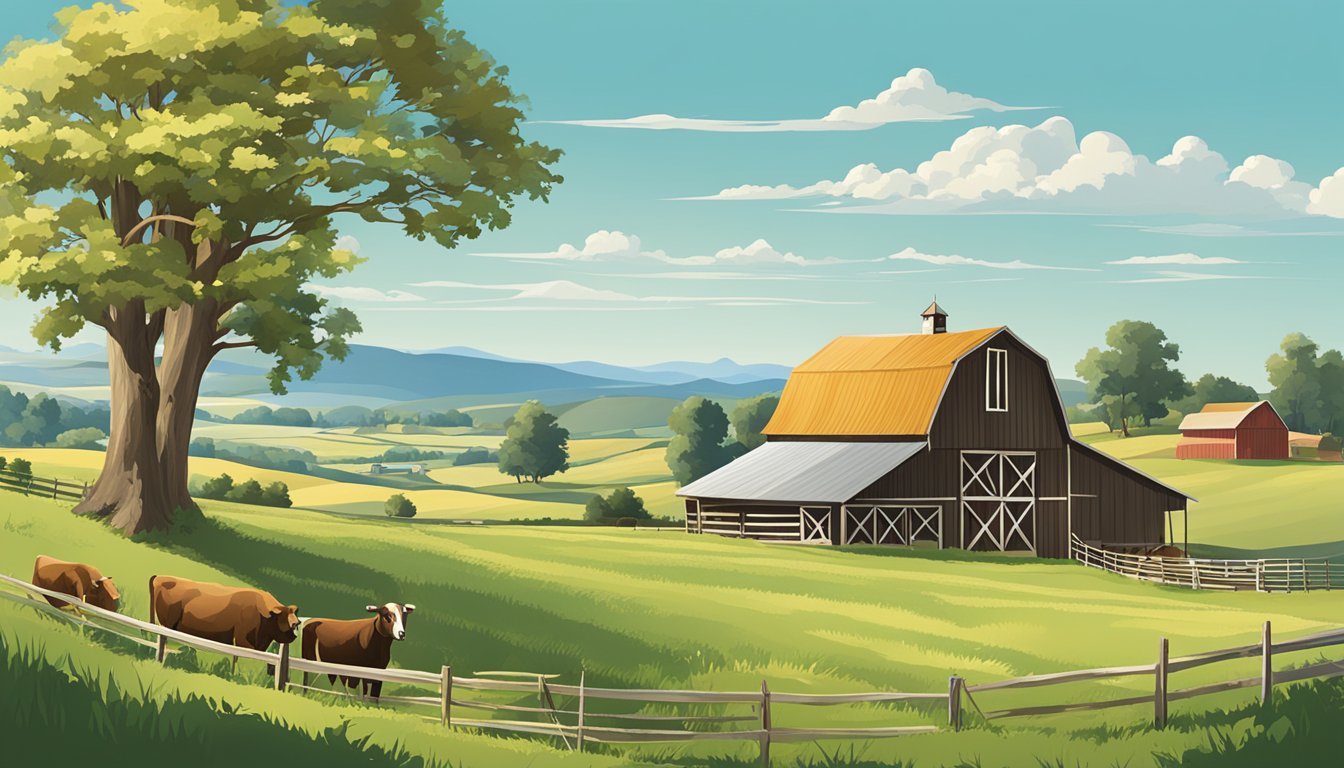 A rural landscape with farmland, livestock, and a barn under a clear blue sky