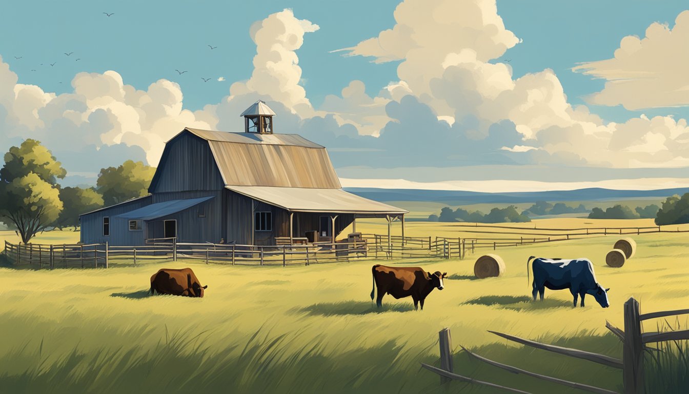 A rural Texas landscape with a farmhouse, barn, and grazing cattle, under a blue sky with scattered clouds