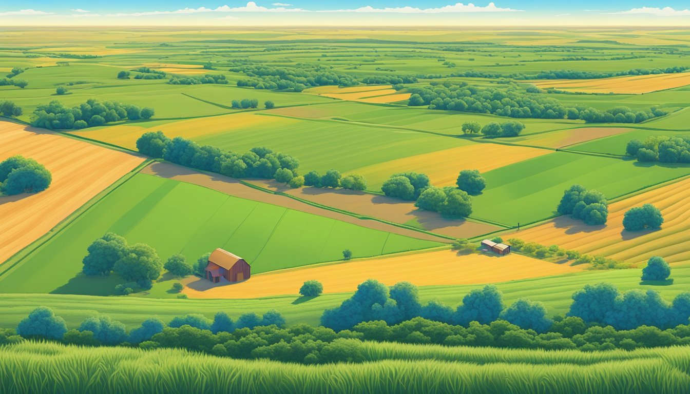 Lush fields of crops and grazing livestock spread across the vast expanse of Swisher County, Texas, under a clear blue sky, symbolizing agricultural activities and tax benefits