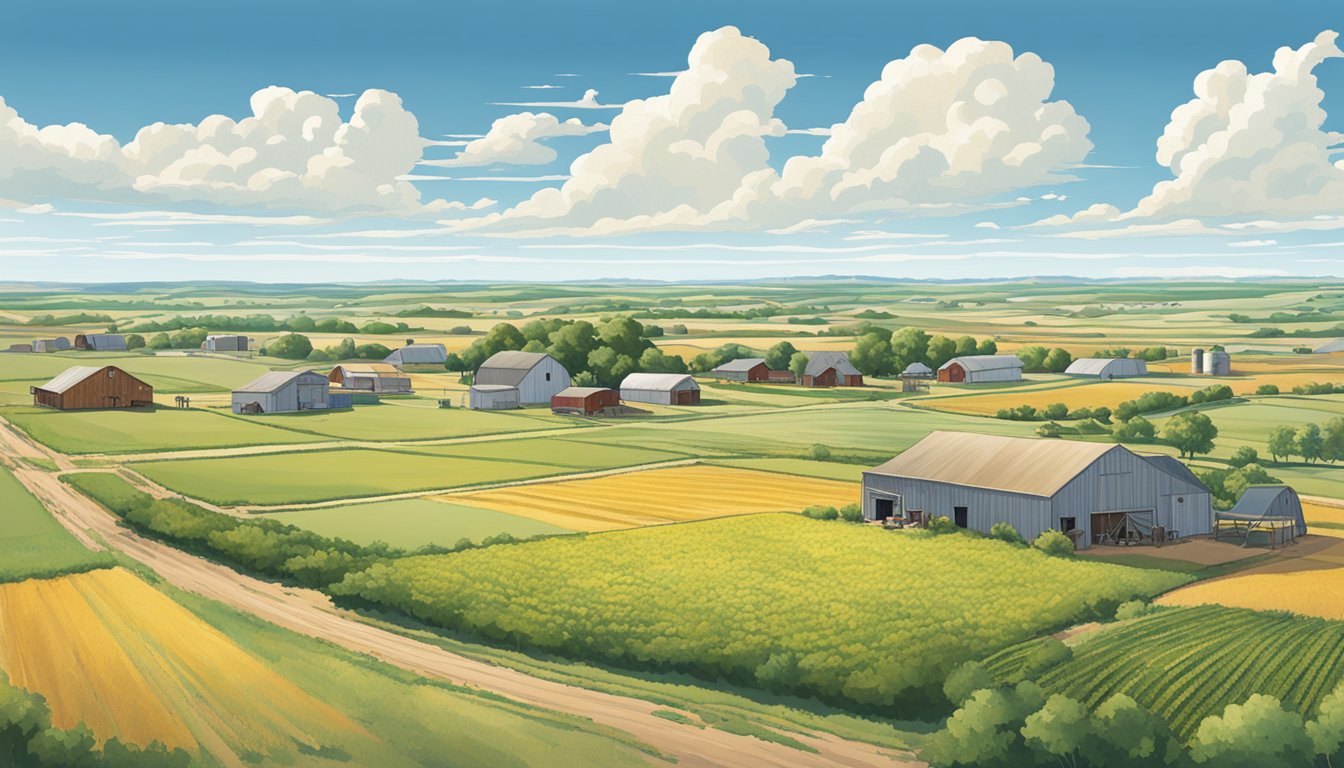 A sprawling rural landscape in Shackelford County, Texas, featuring fields of crops, grazing livestock, and farm buildings, all under a clear blue sky