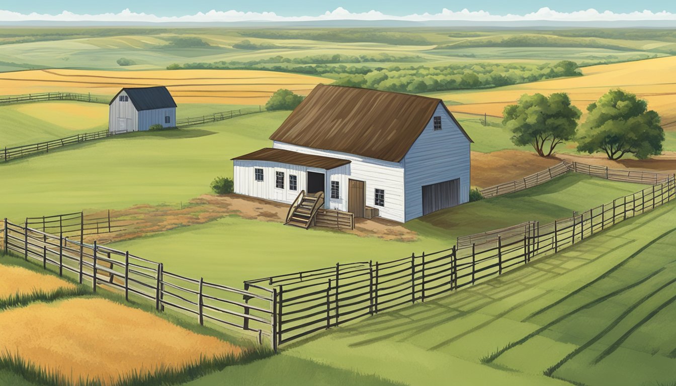 A rural landscape with a farmhouse, barn, and fields, surrounded by fencing and marked with signs indicating agricultural exemption in Swisher County, Texas