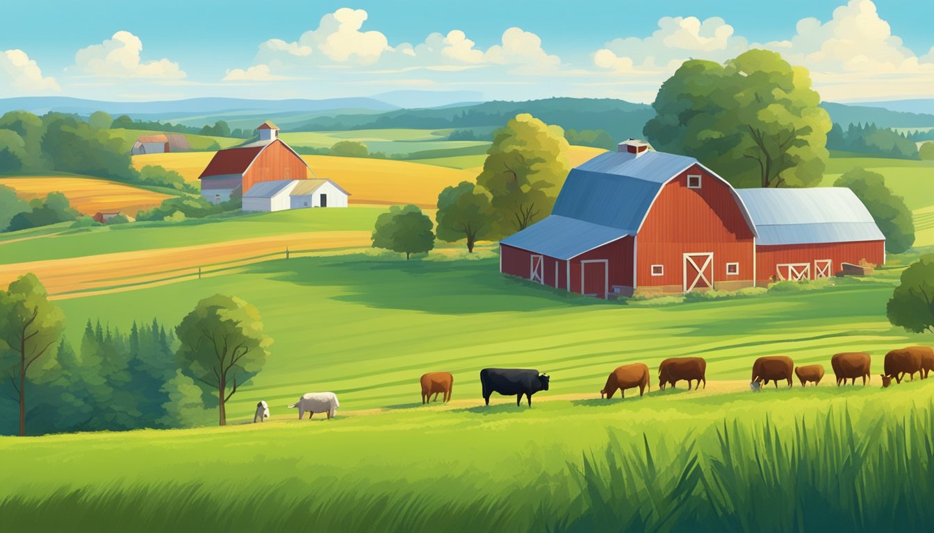 Lush fields of crops and grazing livestock under a bright blue sky, with a farmhouse and barn in the background