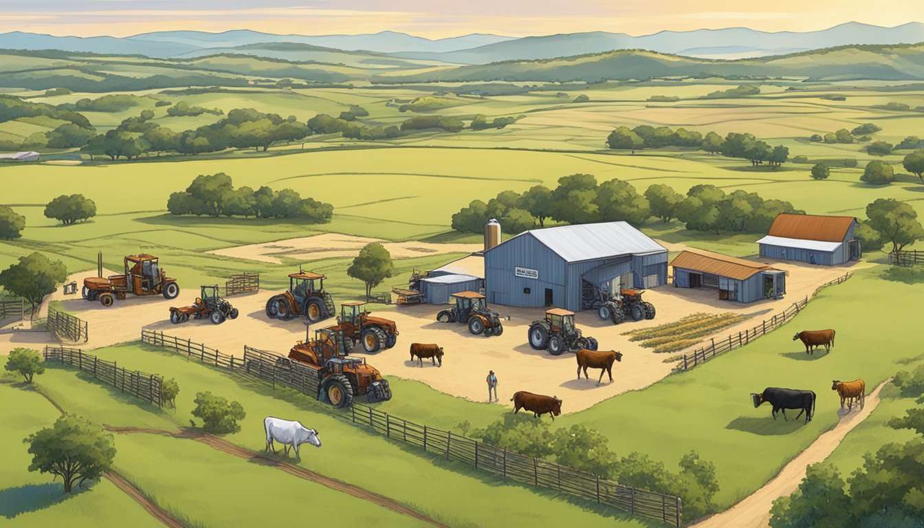 A sprawling Texas ranch with cattle, crops, and farm equipment, set against the backdrop of the rolling hills of Shackelford County