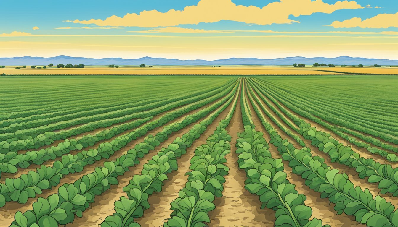 A vast, open field in Sherman County, Texas, with rows of crops stretching towards the horizon, under a clear blue sky