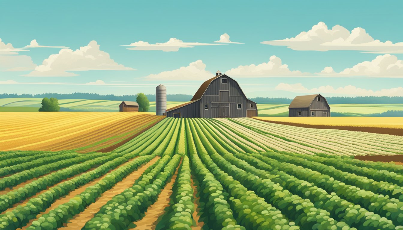 A vast, open field with rows of crops stretching to the horizon under a bright, blue sky. A farmhouse and barn sit in the distance