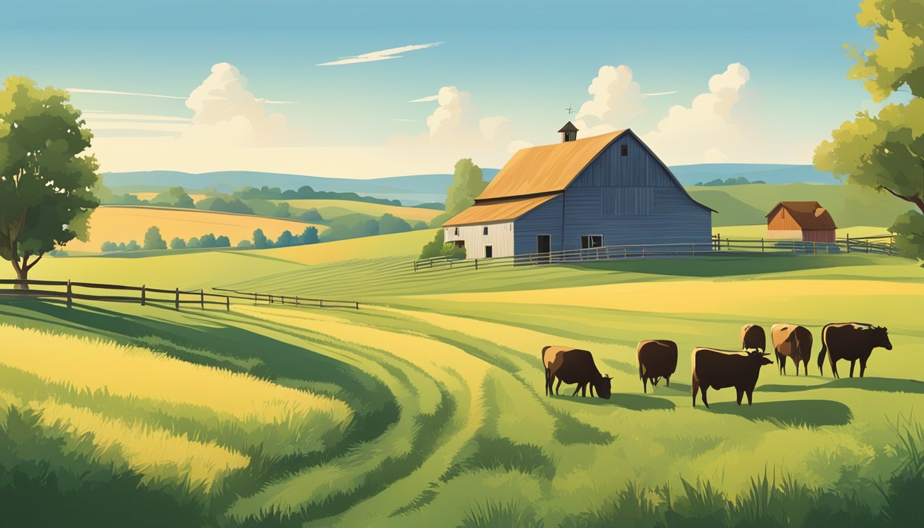 A rural landscape with a farmhouse, barn, and grazing livestock surrounded by rolling fields and a clear blue sky