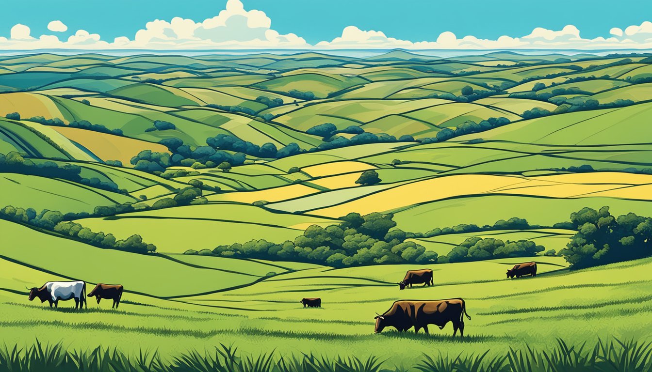 Rolling hills of farmland in Sterling County, Texas, with cattle grazing and a bright blue sky overhead