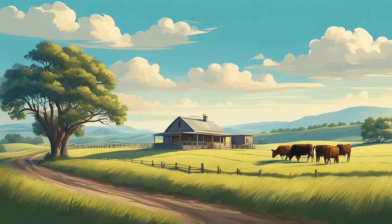 A rural Texas landscape with a farmhouse, grazing cattle, and rolling hills under a bright blue sky