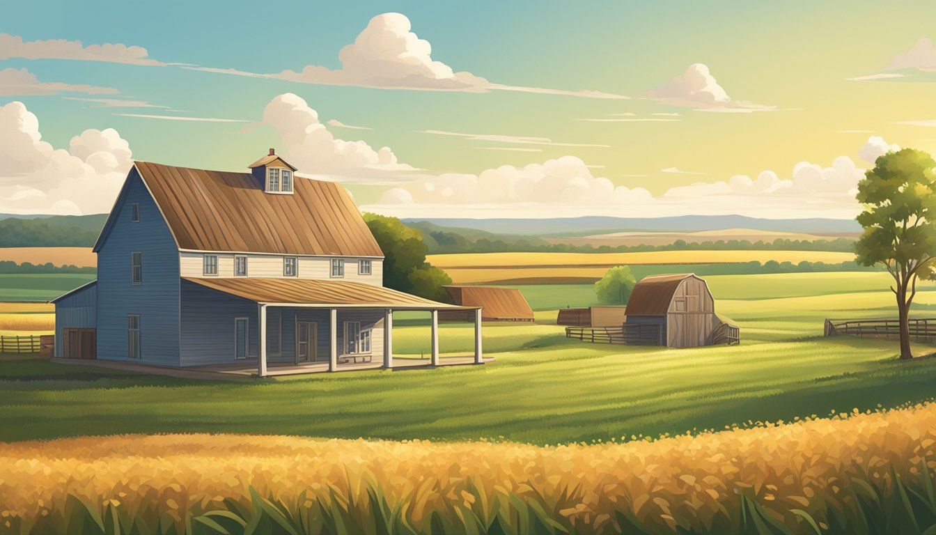 A rural Texas landscape with a farmhouse, barn, and fields of crops, under a sunny sky