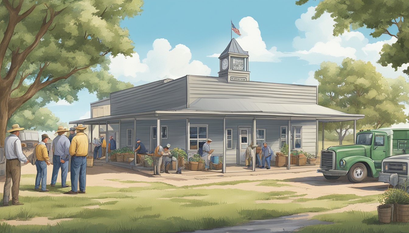 A bustling county office with farmers submitting paperwork and appraisers inspecting land for agricultural exemption in Scurry County, Texas