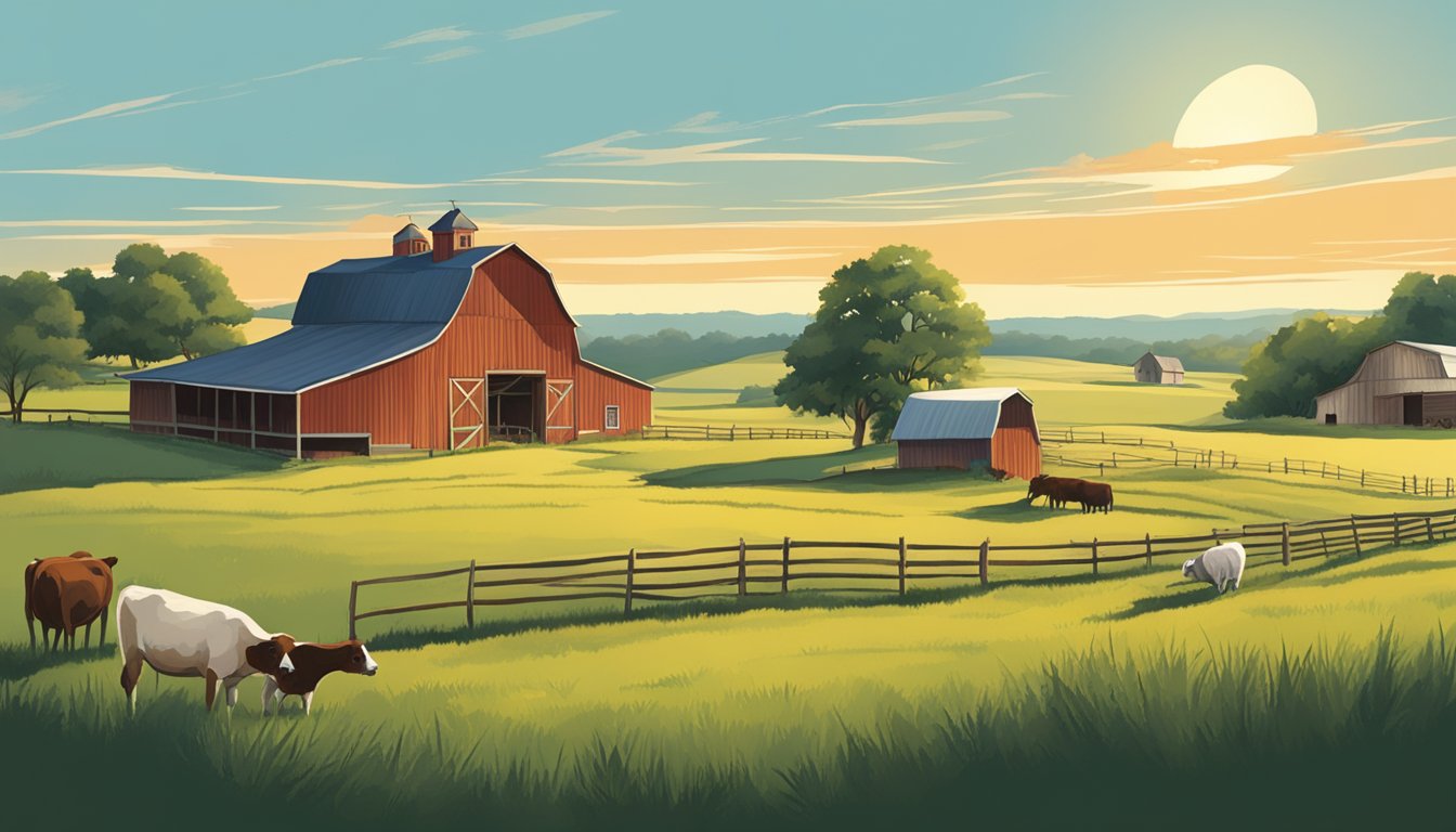 A rural landscape with a farmhouse, barn, and grazing livestock under a bright Texas sky