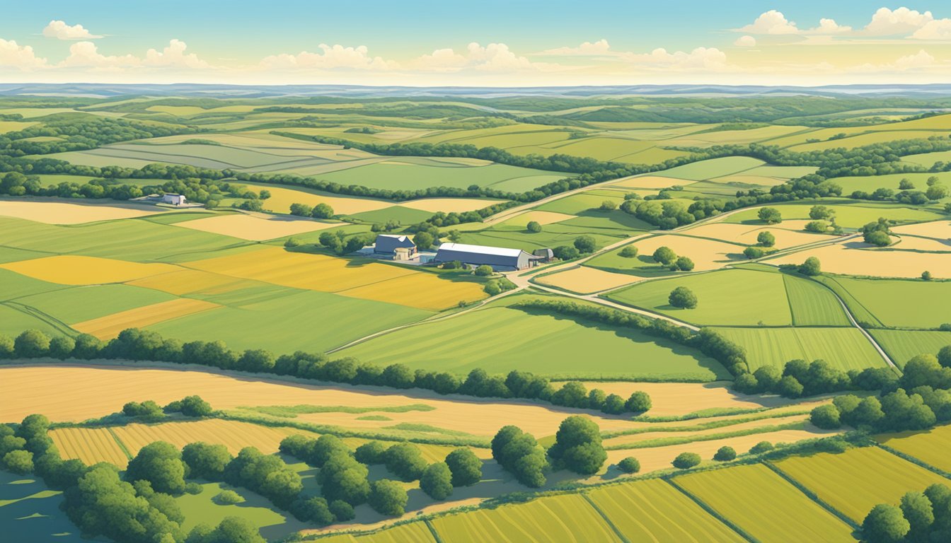 A sprawling landscape of farmland in Somervell County, Texas, with fields of crops and grazing livestock, bordered by rustic fences and a clear blue sky