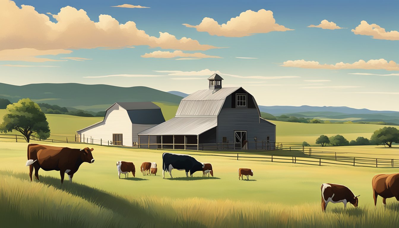 A rural landscape in San Saba County, Texas, with a farmhouse, barn, and open fields, surrounded by rolling hills and grazing livestock