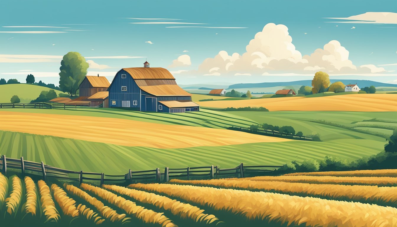 A rural landscape with a farmhouse, barn, and fields of crops under a clear blue sky