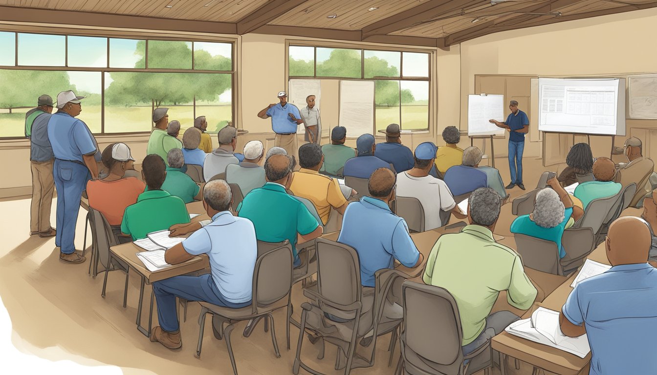 A group of landowners gather at a community center, receiving information and resources about obtaining agricultural exemptions in Scurry County, Texas